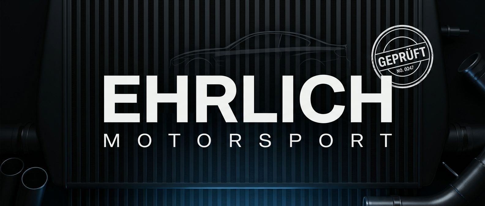 Ehrlich Motorsport – Ladeluftkühler mit Markenschriftzug und Prüfsiegel